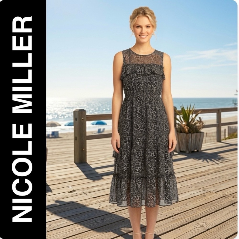 Nicole Miller Sundress Black and White Sleeveless Elastic Waist Dress Size 16 - Picture 3 of 12